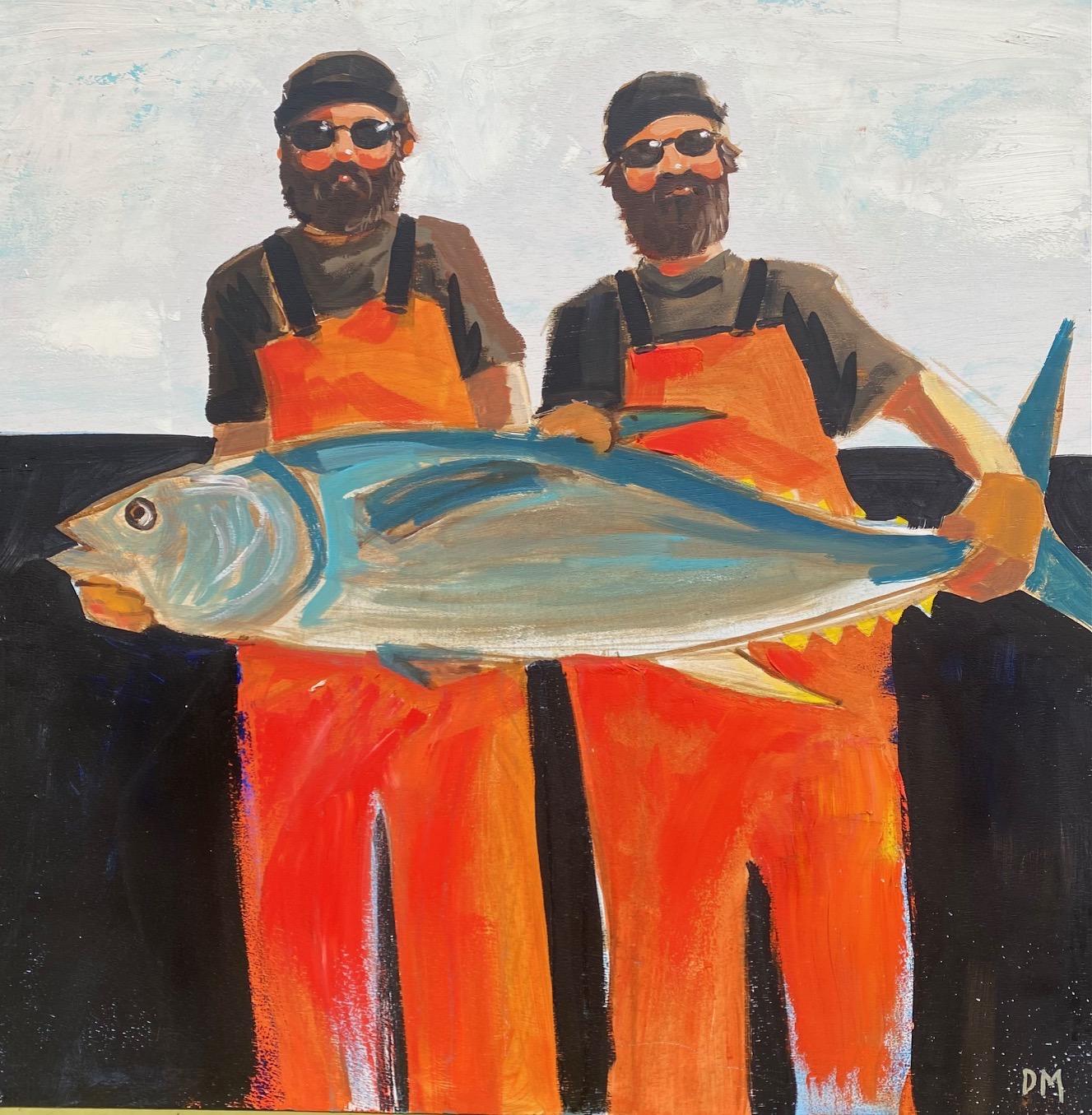Debbie Miller Figurative Painting - "It Takes Two" a figurative oil on panel painting with two fisherman suited up
