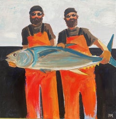 "It Takes Two" a figurative oil on panel painting with two fisherman suited up
