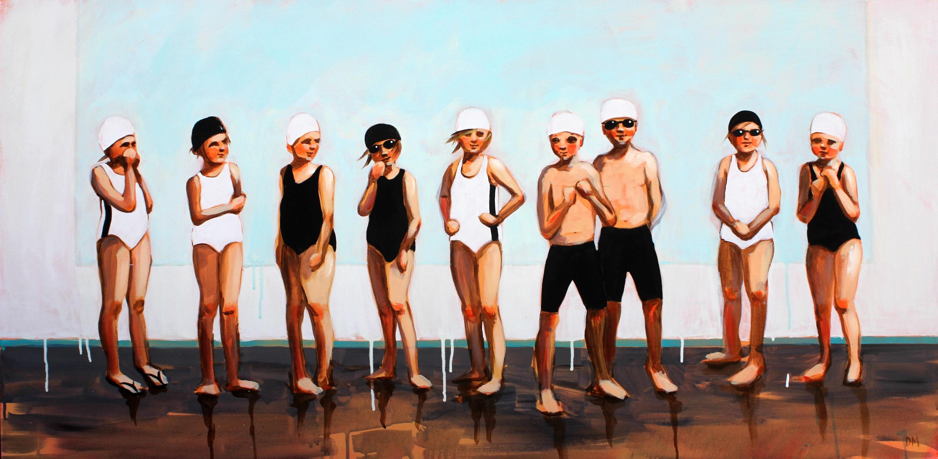 Debbie Miller Figurative Painting - "Lined Up" oil painting of boys and girls in black and white swimsuits, caps
