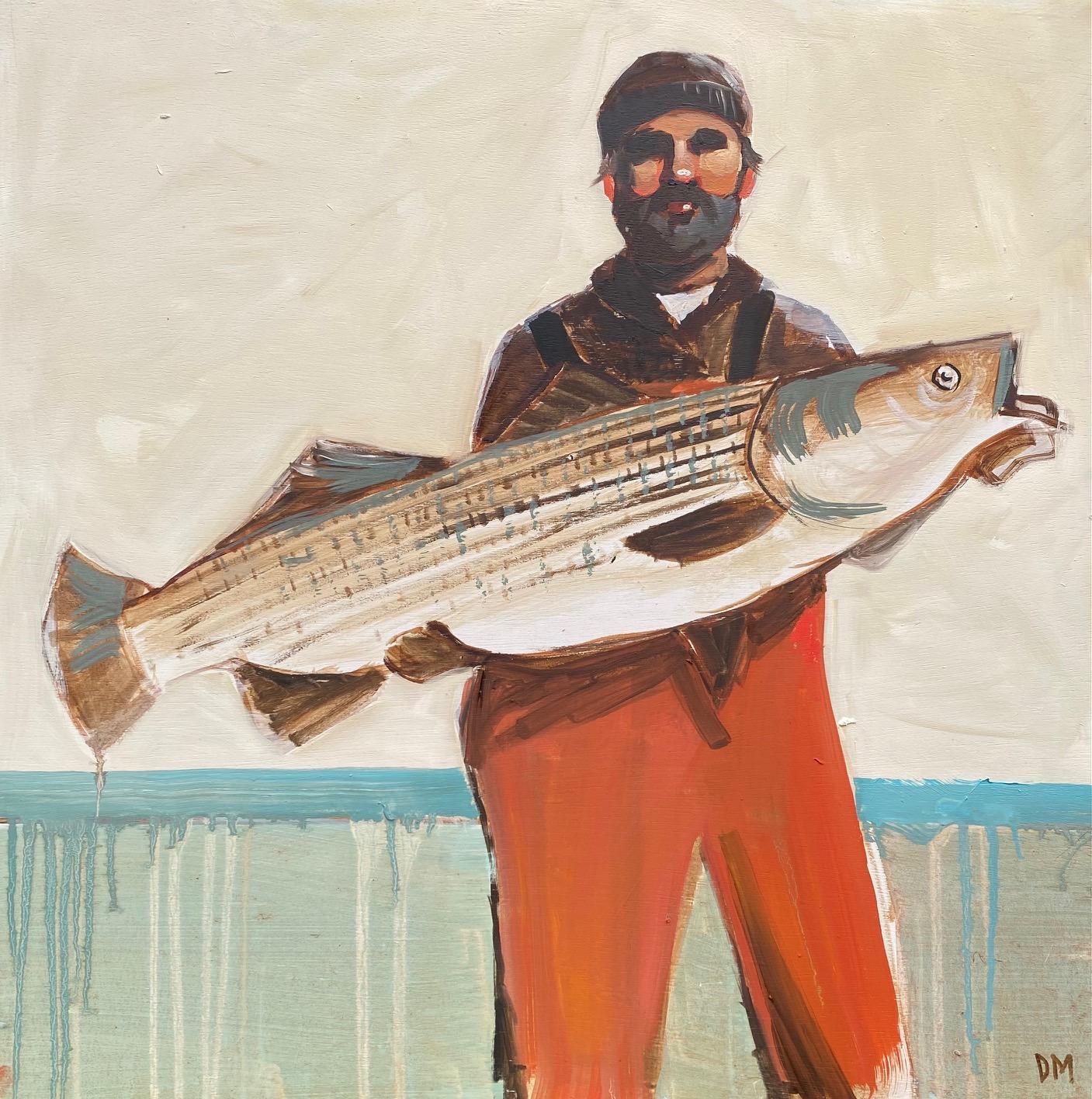 Debbie Miller Figurative Painting - "Lucky Strike" a fun whimsical portrait of a fisherman and fresh catch of day