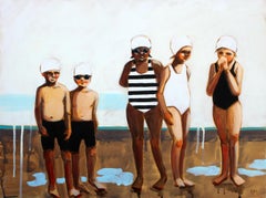 "Morning Dew" Oil painting of boys and girls in black and white swimsuits, caps