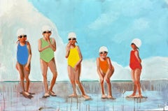 «Morning Heat»: gente nadando junto a la piscina, alegría, verano, colores vivos, niños