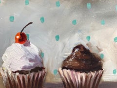 "Opposites Attract"  Small Still Life Chocolate Cupcakes on White with Blue Dots