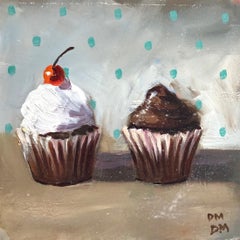 "Opposites Attract"  Small Still Life Chocolate Cupcakes on White with Blue Dots