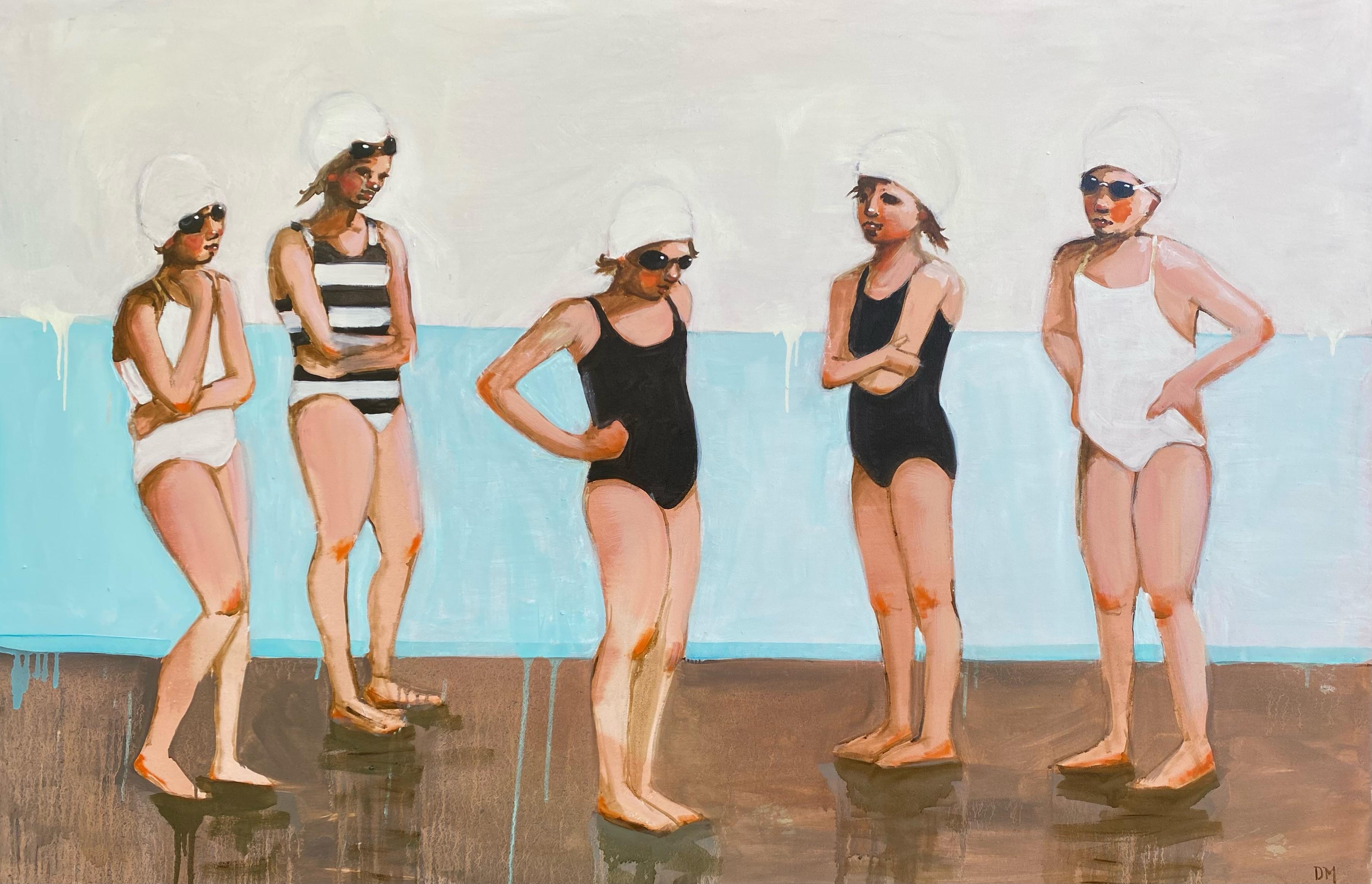 Debbie Miller Figurative Painting - "Pep Talk" oil painting of girls in black and white swimsuits caps and goggles