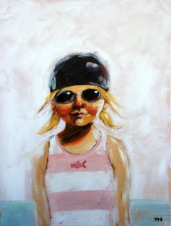 "Pink Fish" oil painting of a girl in a pink and white striped swimsuit