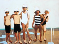 "Playing Nice" Oil painting of kids in black and white swimsuits, goggles, caps