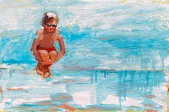 "Plunge" Boy in red swim trunks and goggles diving into blue and white sea. 