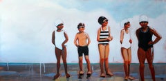 "Race Day" Oil painting of kids in black and white swimsuits, caps and goggles
