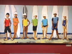 "Rainbow Surf" boys and girls in colorful swimsuits in front of surfboards