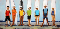 "Rainbow Surf" boys and girls in colorful swimsuits in front of surfboards