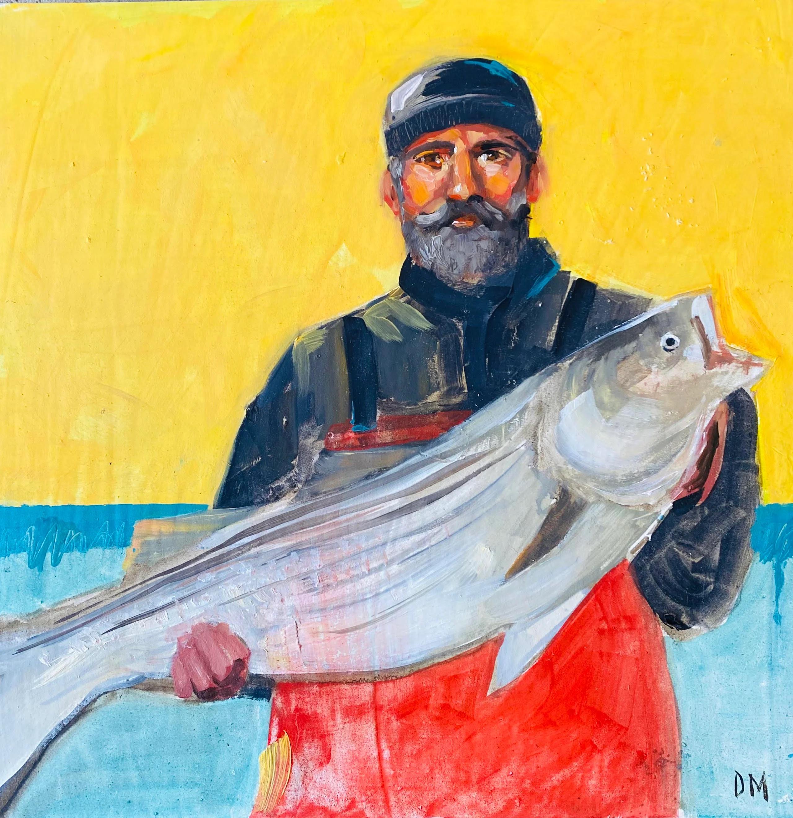 Debbie Miller Figurative Painting - "Salty" bearded fisherman holding fish