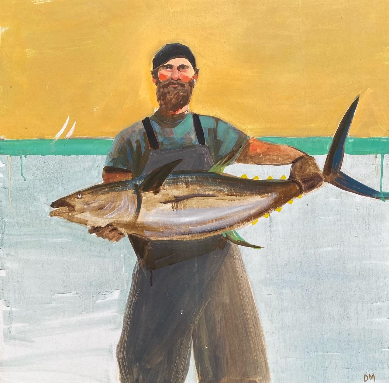 Figurative Painting de Debbie Miller - "Sal marina" una sorprendente pintura figurativa de un resplandeciente pescador