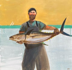 "Sea Salt" a striking figurative painting of a glowing fisherman