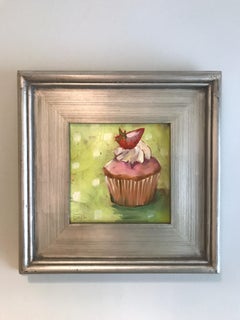 "Small Cupcake Still Life,  Pink/White Icing and Strawberry on Green with Dots"