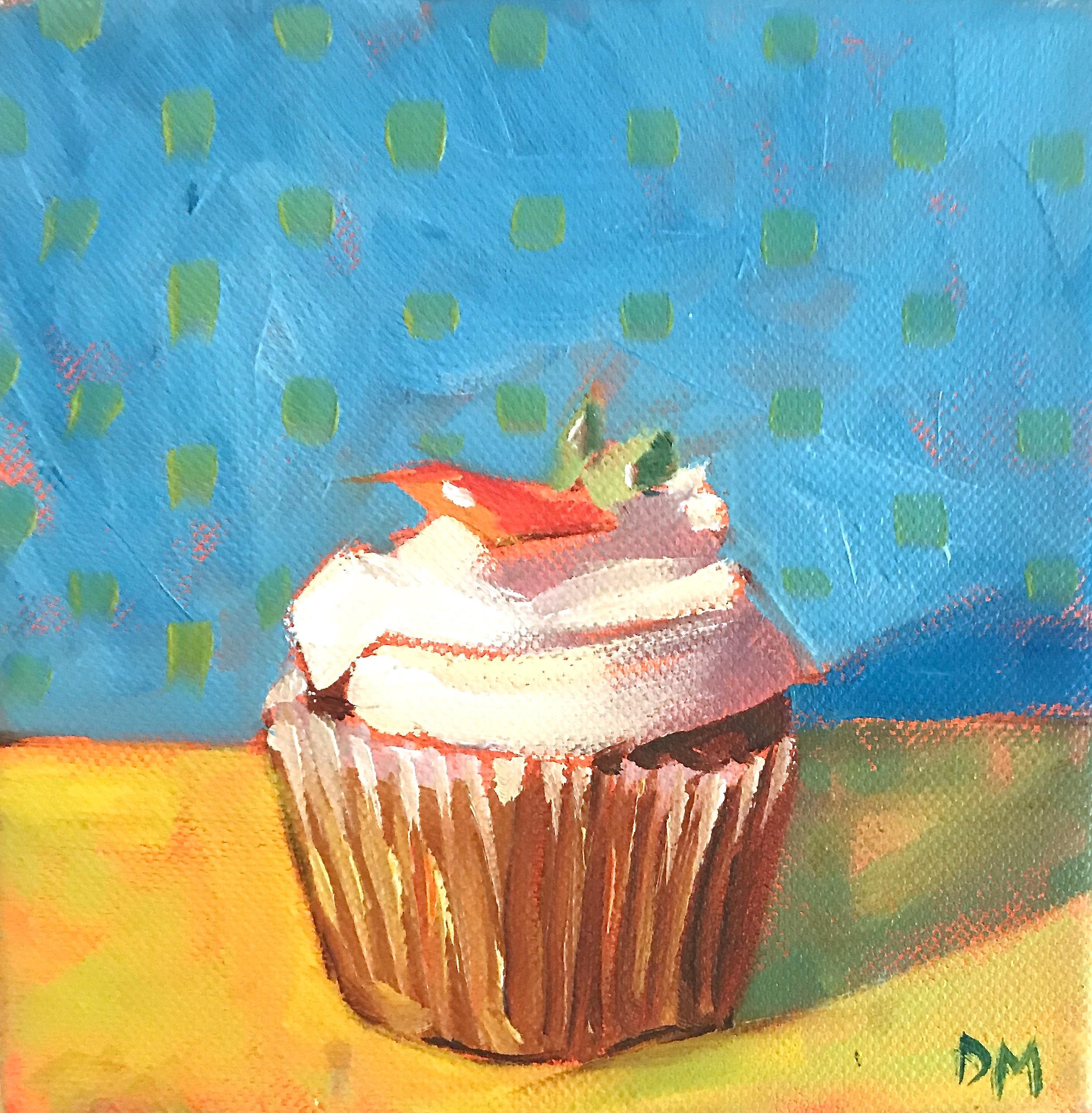 Debbie Miller Still-Life Painting - "Small Cupcake with White Frosting and Cherry on Blue and Yellow Background"