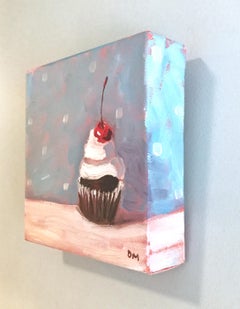"Cherry on Top"  Small still life/ chocolate cupcake/ white frosting blue, pink
