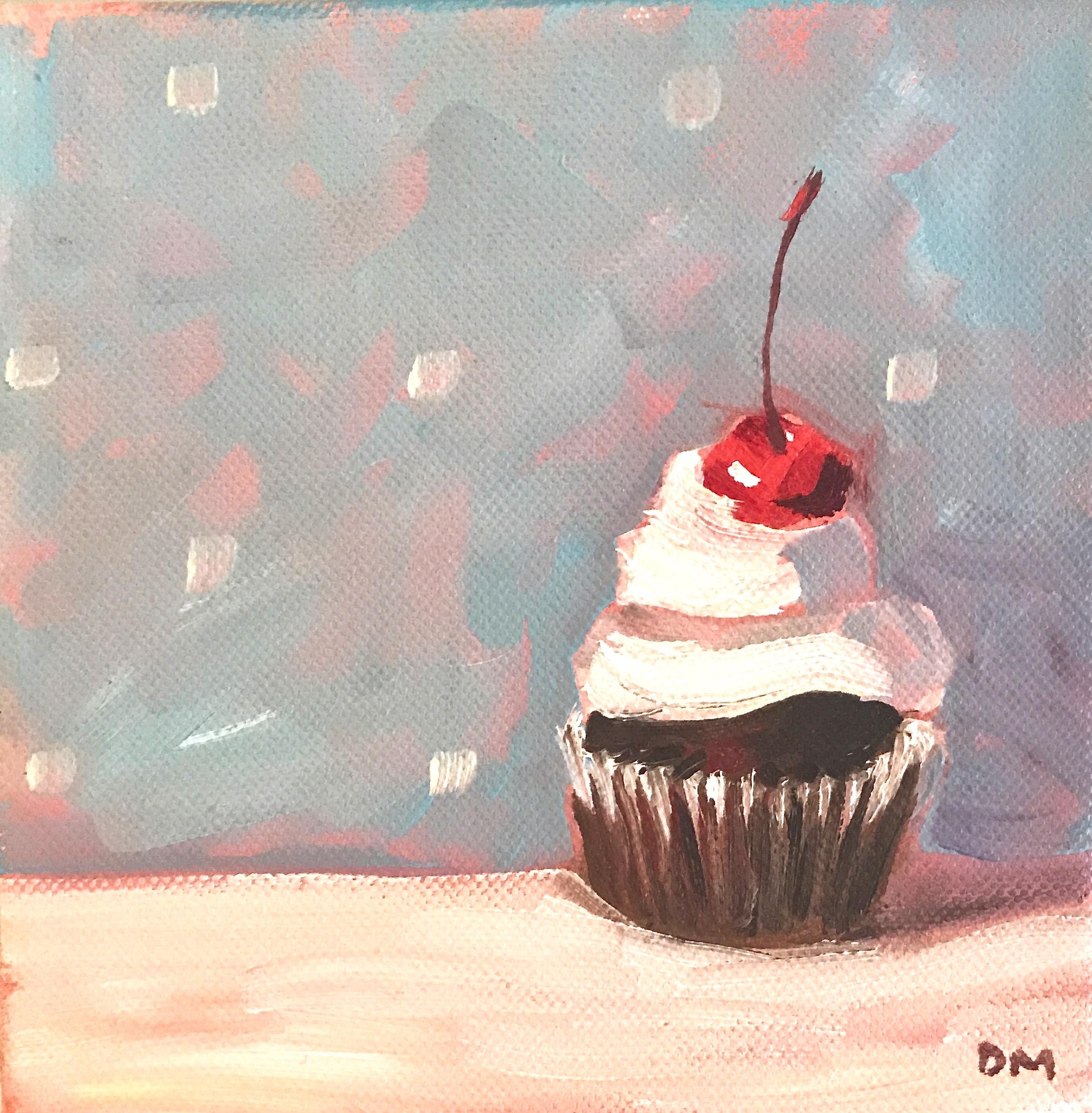 Debbie Miller Still-Life Painting - "Cherry on Top"  Small still life/ chocolate cupcake/ white frosting blue, pink 