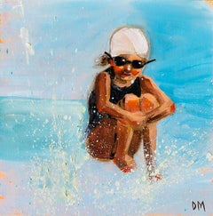 „Splash a Little“ Kleines Ölgemälde eines Kindes, das in einen Pool springt, großformatig