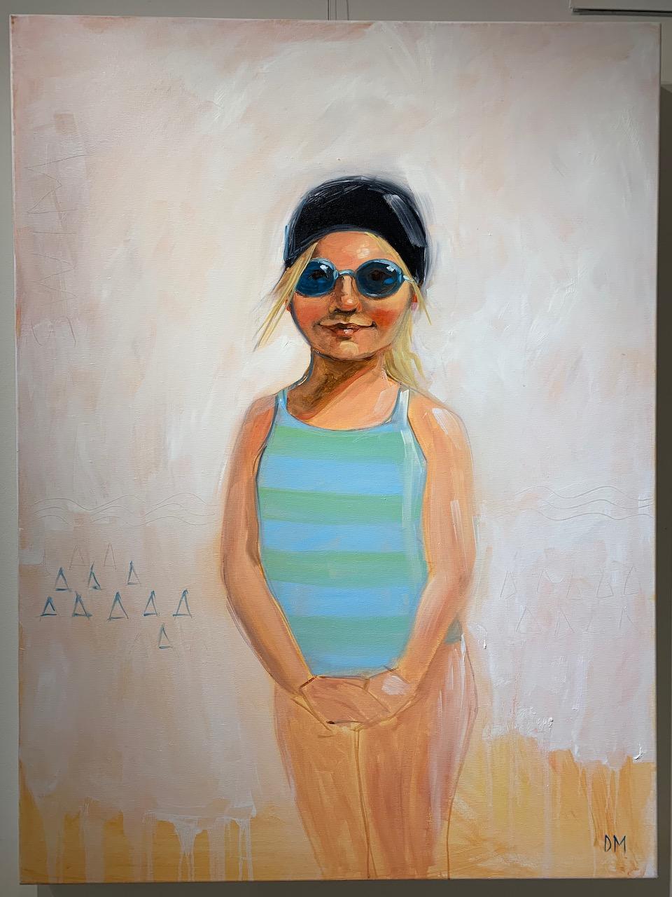 Peinture à l'huile « Bleu d'été » d'une fille en maillot de bain bleu avec casquette noire et rose - Painting de Debbie Miller