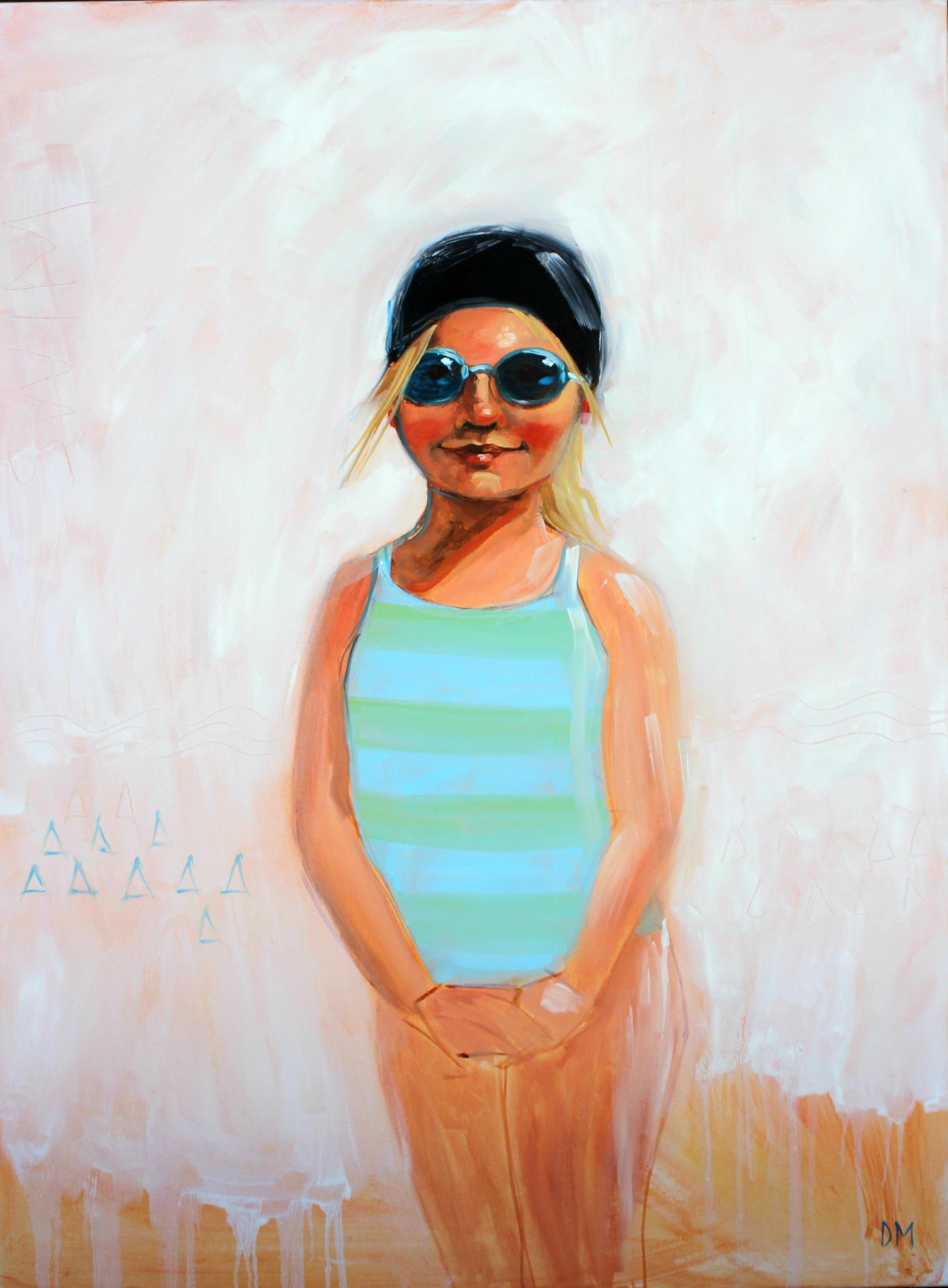 Debbie Miller Figurative Painting - "Summer Blue" Oil painting of a girl in a blue swimsuit with black cap and pink