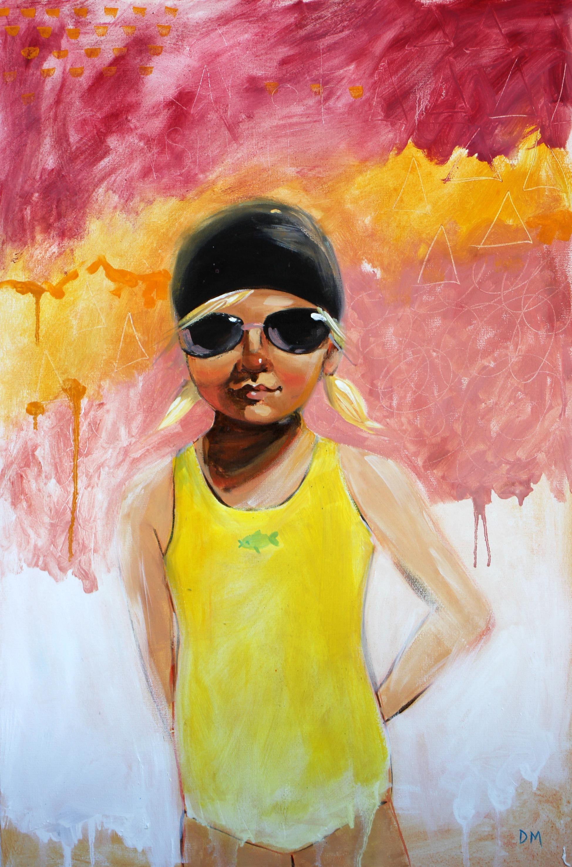 Debbie Miller Figurative Painting - "Sunny" Oil painting of a girl in a yellow swimsuit with red, orange and white 