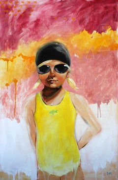 "Sunny" Oil painting of a girl in a yellow swimsuit with red, orange and white 