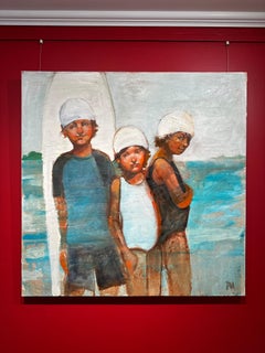 "Surf Side" Three children on the beach wearing bathing caps holding surfboard