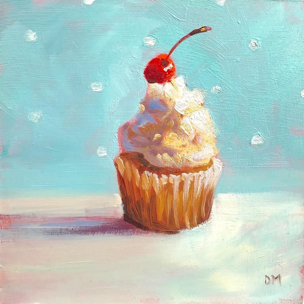 Debbie Miller Still-Life Painting - "Sweetie"  Small still life painting, cupcake, white frosting , cherry, on blue