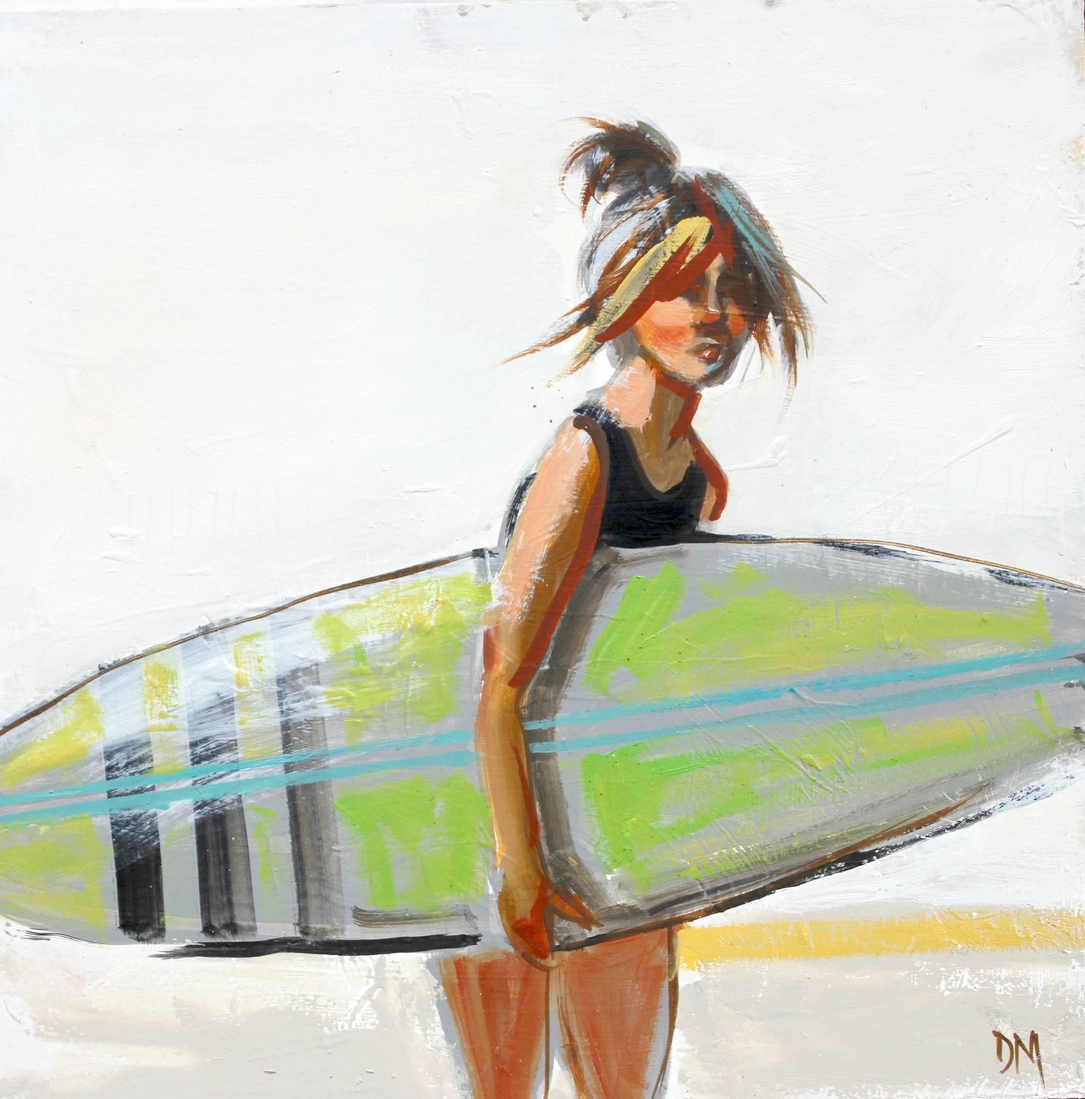Debbie Miller Figurative Painting - "Swim #15" Girl with Green Surfboard in Painterly Style with White Background