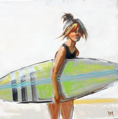"Swim #15" Girl with Green Surfboard in Painterly Style with White Background