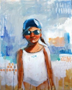 "Swim All Day" oil painting of a girl in a white swimsuit on blue background