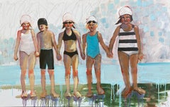 "Swim Friends" Five kids holding hands outside by lake wearing bathing suits