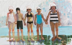 „Swim Friends“ Fünf Kinder, die am See in Badeanzügen mit Händen