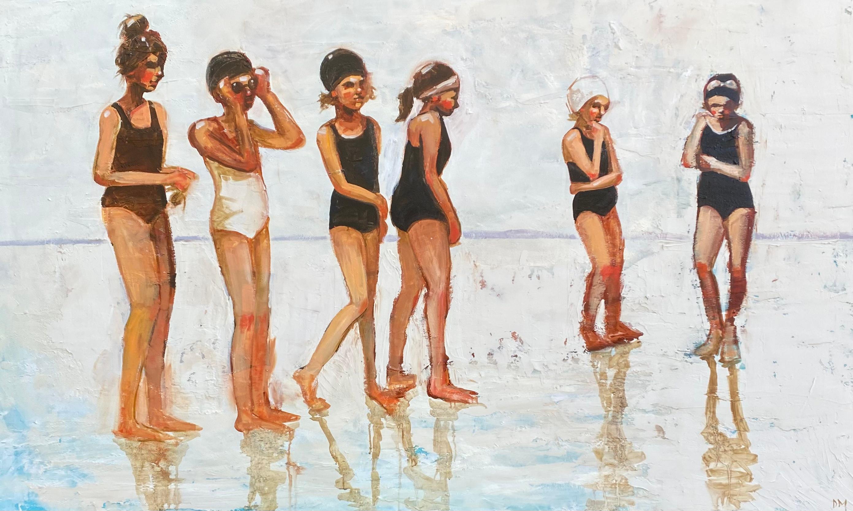 "Swim Line" Six girls wearing bathing suits and caps lined up on the ocean