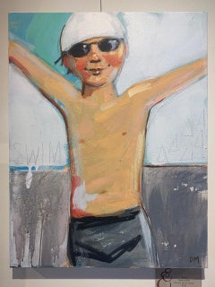 "Swim" oil painting of a boy in black shorts with goggles and white swim cap.