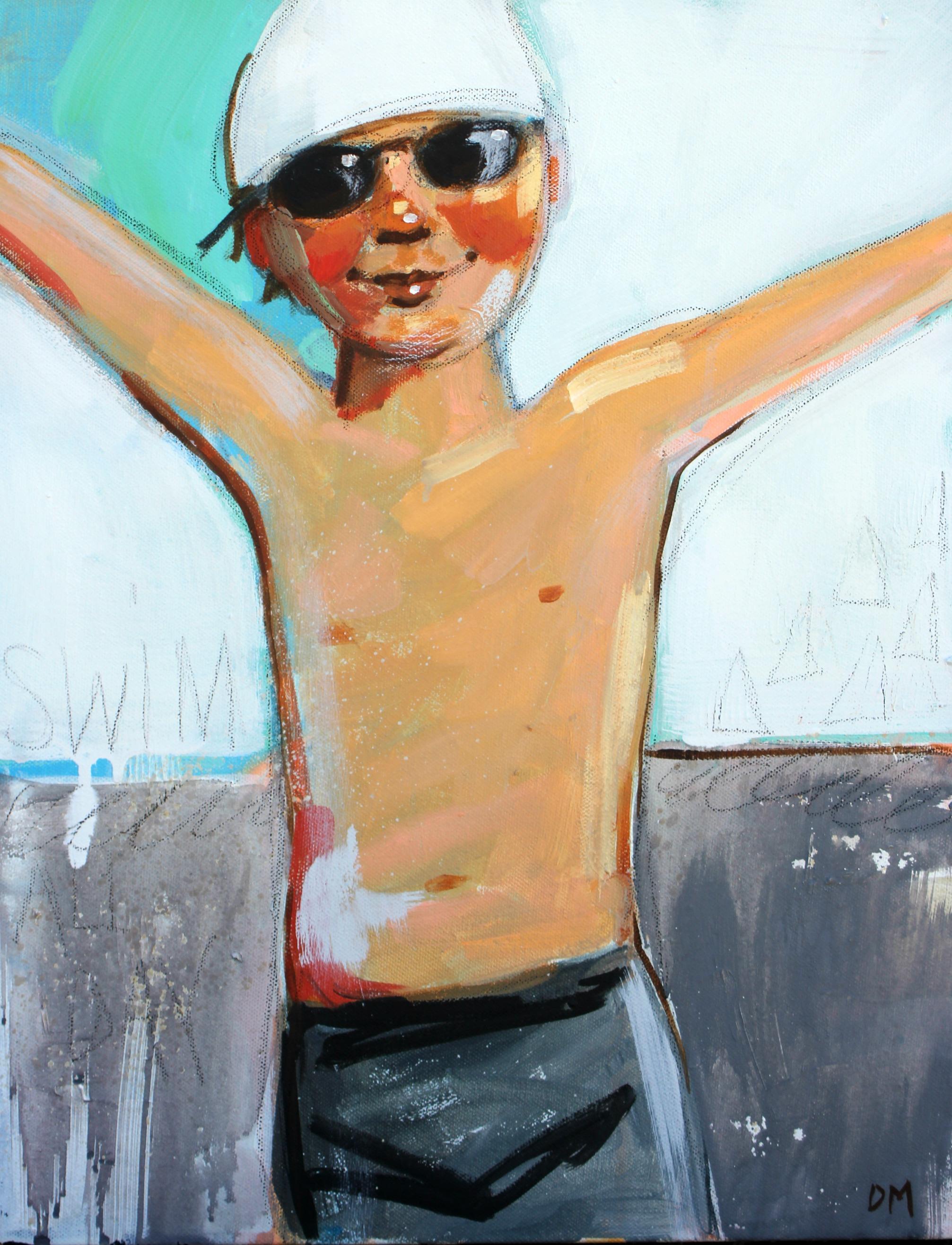 Debbie Miller Figurative Painting - "Swim" oil painting of a boy in black shorts with goggles and white swim cap.