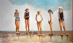 "Swim Time" oil painting of five girls in black and white bathing suits