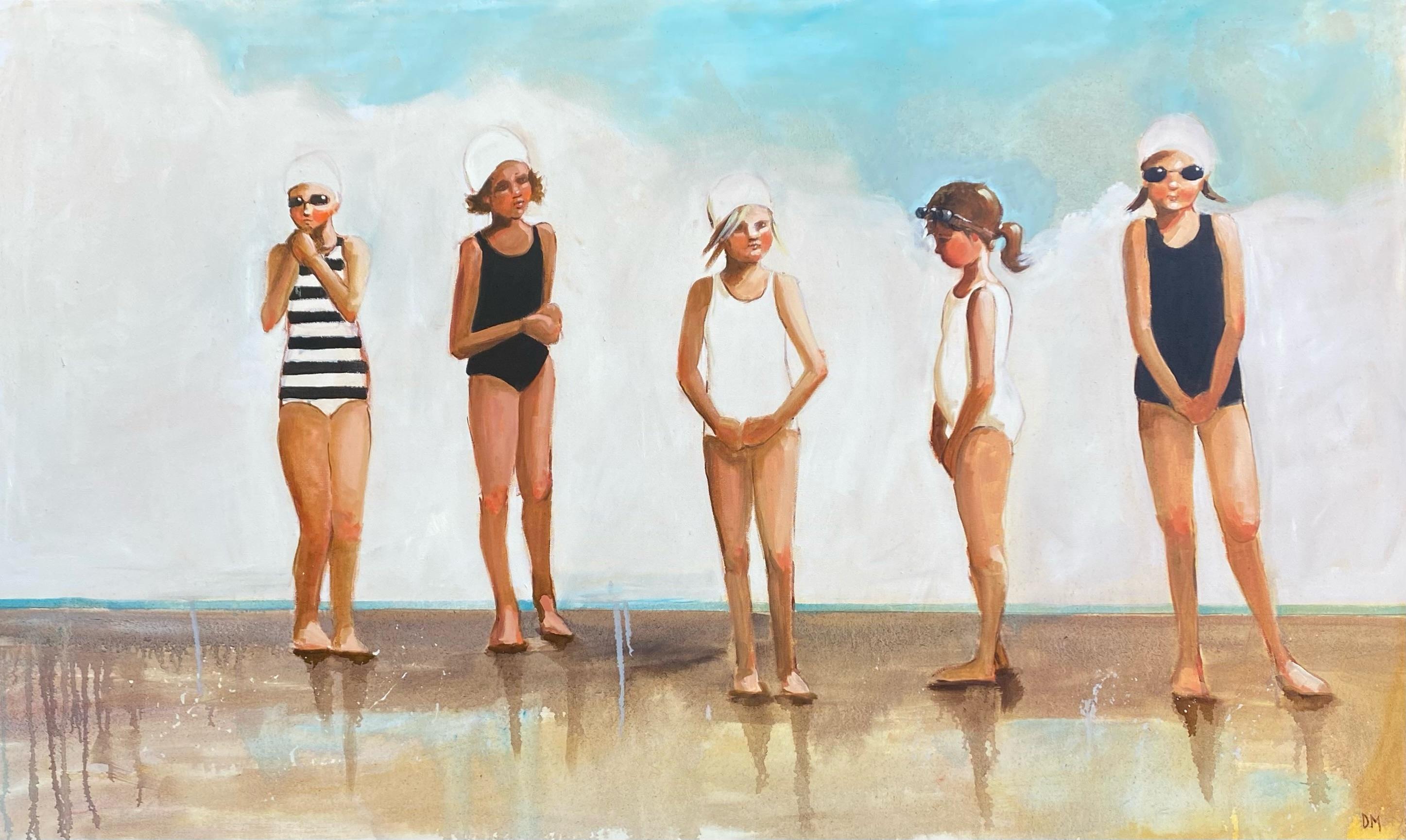 Debbie Miller Figurative Painting - "Swim Time" oil painting of five girls in black and white bathing suits 