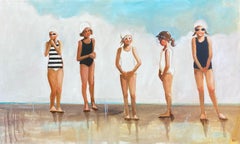 "Swim Time" oil painting of five girls in black and white bathing suits 