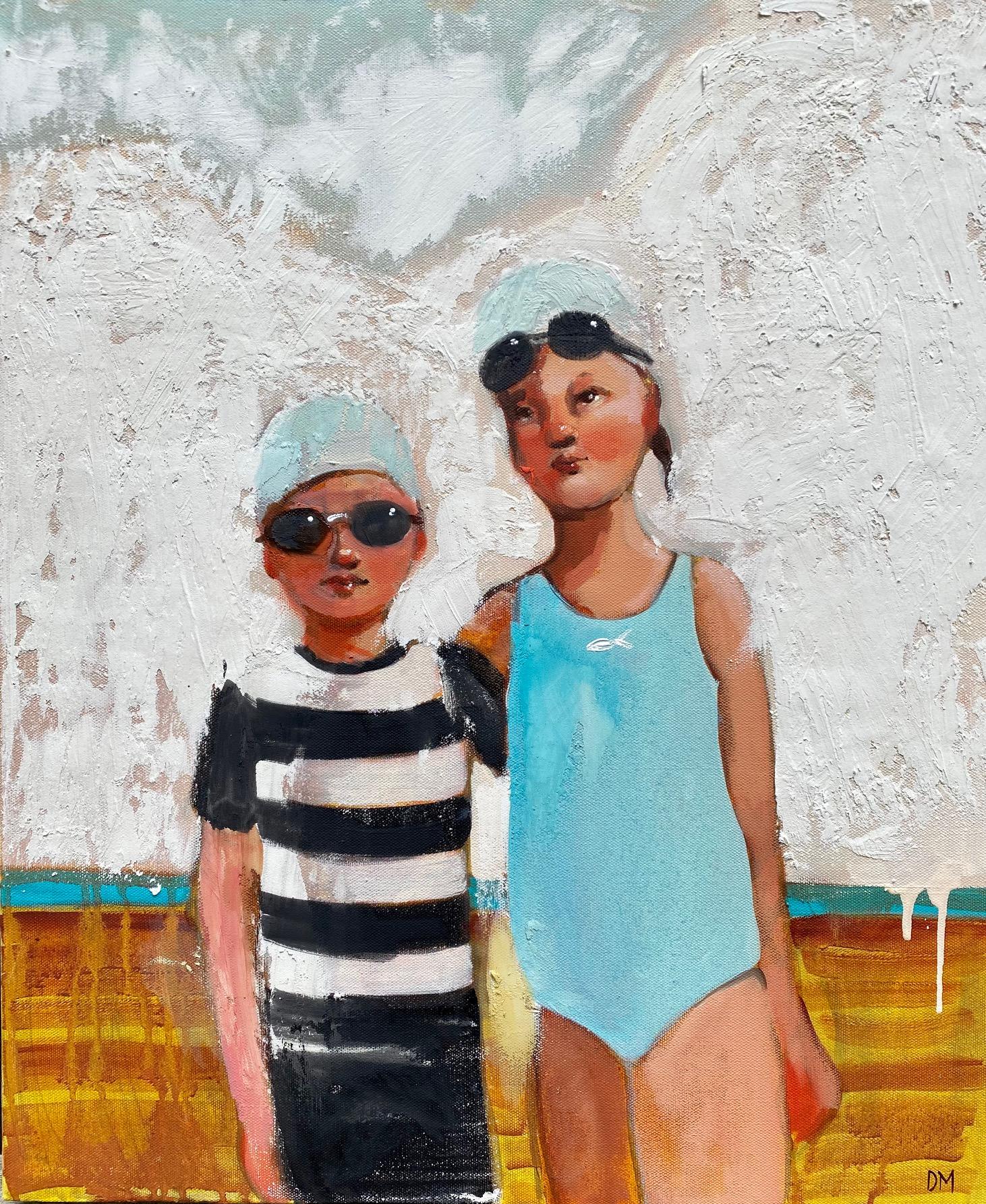 Debbie Miller Figurative Painting - "Swimmingly" Girl and boy in blue and striped swimsuits on brown beach. 