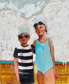 "Swimmingly" Girl and boy in blue and striped swimsuits on brown beach. 