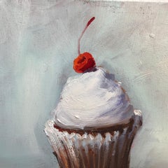 "Treat Yourself"  Small still life painting, cupcake, white frosting, red cherry