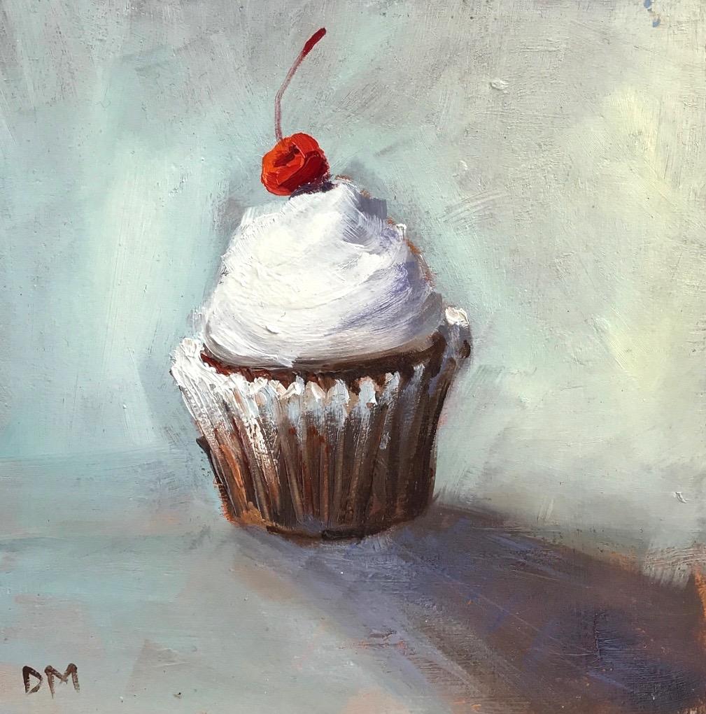 "Treat Yourself"  Small still life painting, cupcake, white frosting, red cherry
