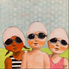 "Trio" oil painting of three young swimmers wearing black goggles and swim caps