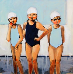 "Triple Threat" oil painting of three girls and blue and black swimsuits