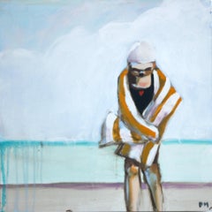 "Yellow Stripes" oil painting of a girl wrapped in a yellow and white towel