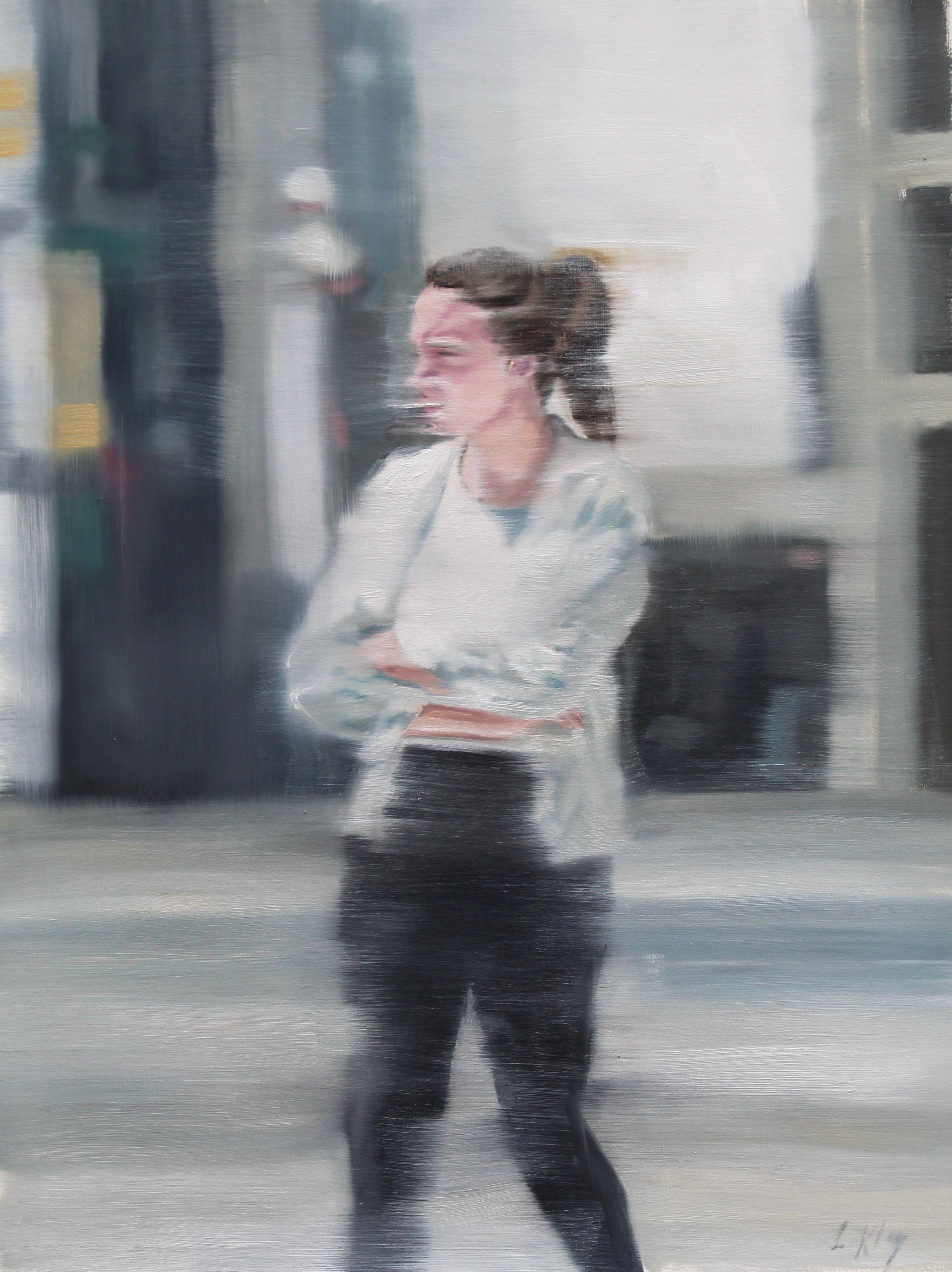 Walking in the city, she takes a moment. It was her moment to clear her head or make clear her direction. Although it was hers, the viewer can get a glance into this moment. The painting is on heavy, primed paper, painted with oils and blurred with