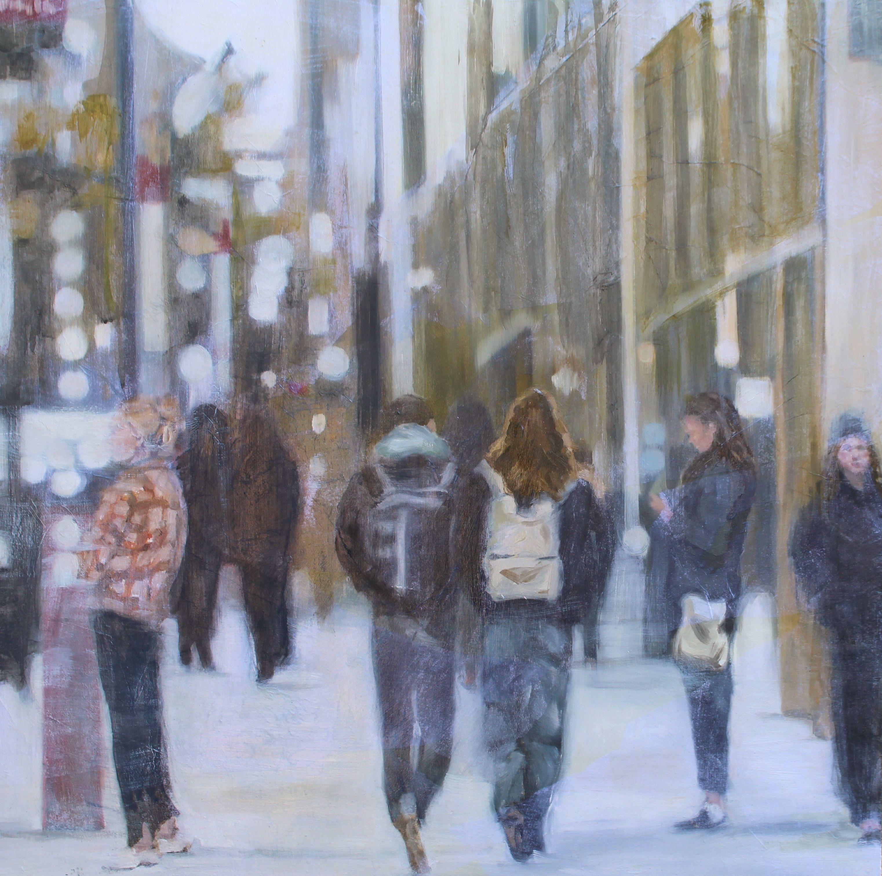 Walking in the city I was struck by the gratitude of being able to go about life. The everyday coming and going that I sometimes take for granted suddenly brought me joy. This painting captured that moment. The scene is painted and then covered with
