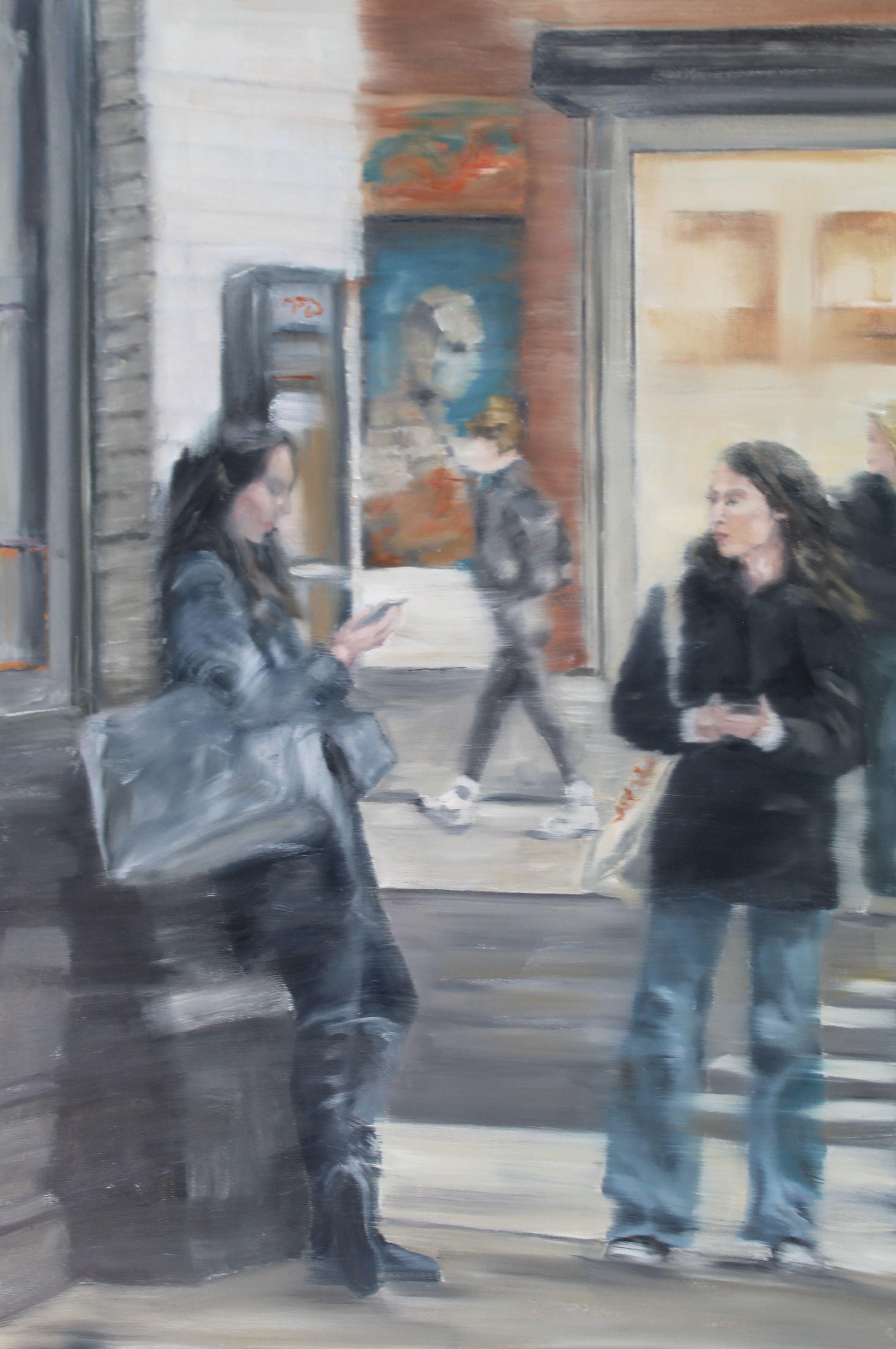 There is a comfort being with friends, whether talking or just standing together. These two paused on the street for a moment while the city continued to move on. The painting is soft and blurred to add to the brevity of the moment. :: Painting ::